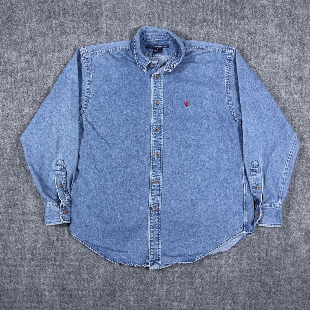 Vtg Ralph Lauren Sport Denim Shirt Womens 10 Blue Button Down Long Sleeve Pony